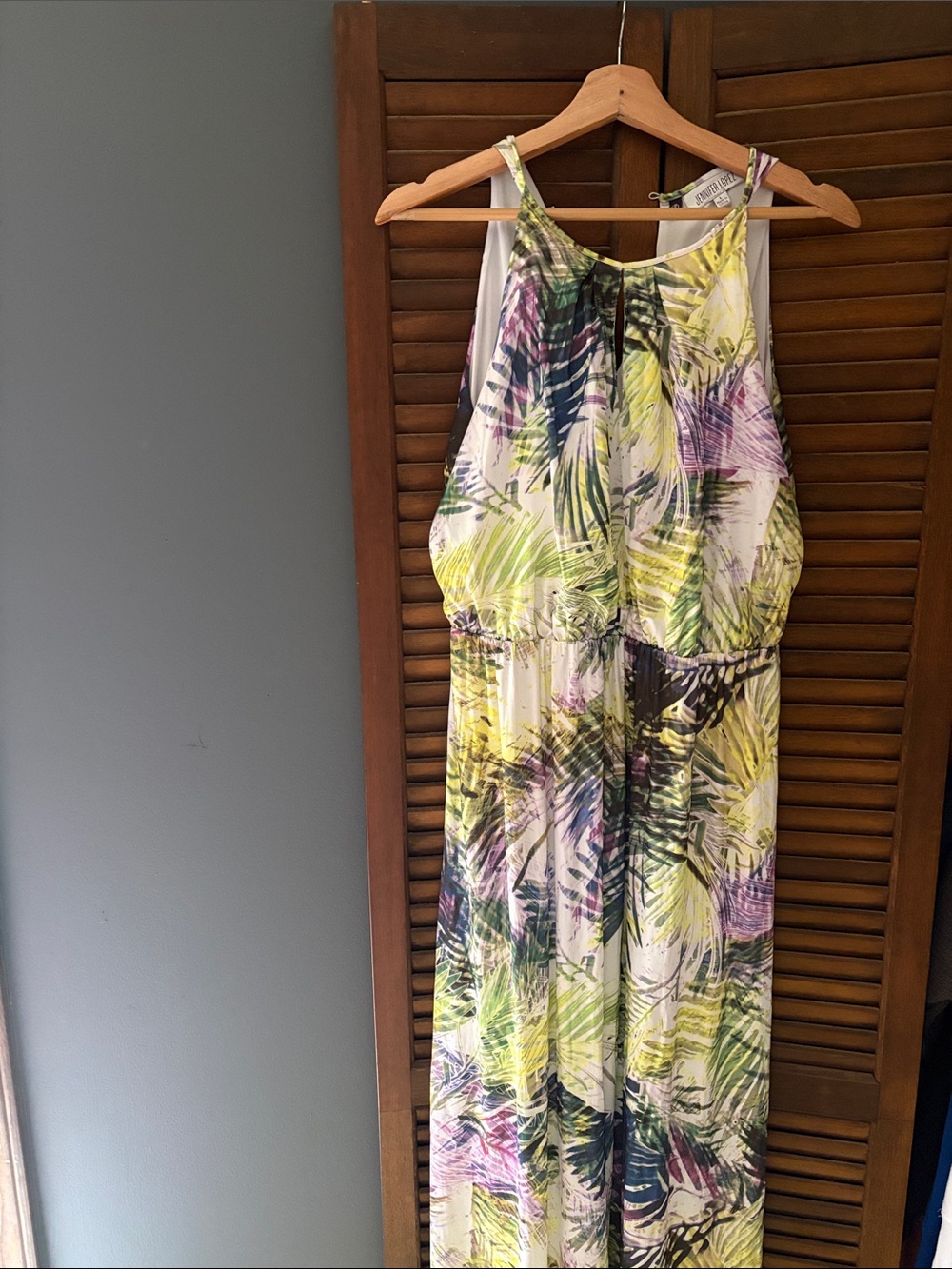 Jennifer Lopez Tropical Print Maxi Dress in Lime, Olive & Purple